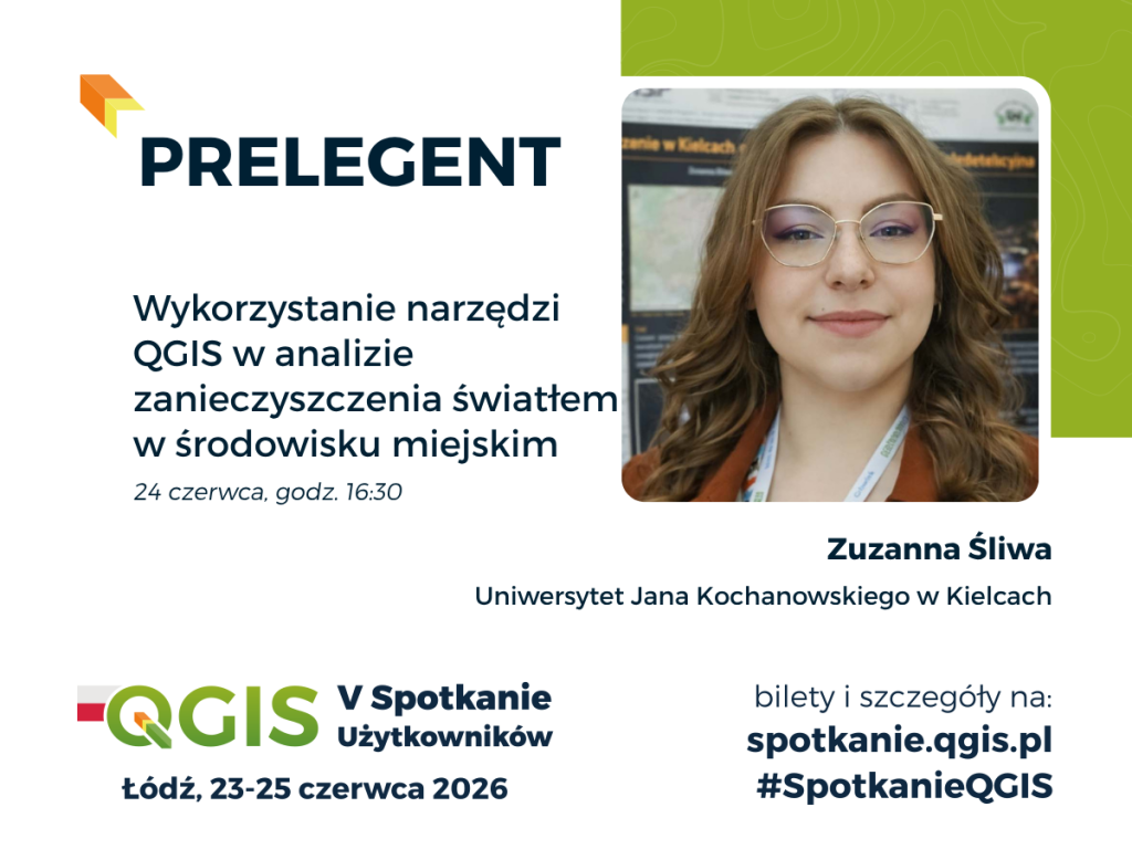 Zdjęcie Zuzanny śliwy na plakacie promującym jej wystąpienie na piątym spotkaniu użytkowników QGIS o tytule wykorzystanie anrzędzi QGIS w analizie zanieczyszczenia światłem w środowisku miejskim