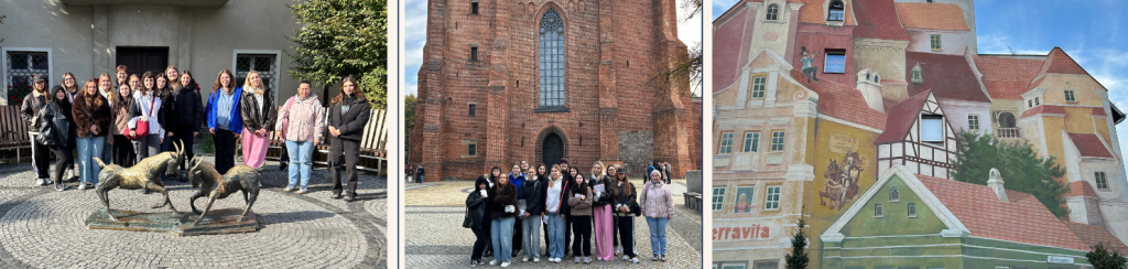 studenci III roku kierunku Turystyka i Rekreacja na tle rzeźby poznańskich koziołków, na tle Archikatedry pw. Świętych Apostołów Piotra i Pawła na Ostrowiu Tumskim oraz na tle Muralu Śródeckiego